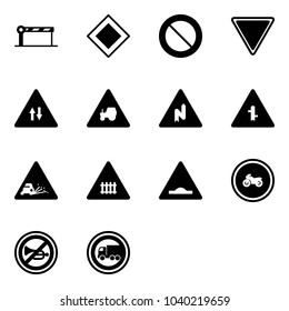 Solid vector icon set - barrier vector, main road sign, prohibition, giving way, oncoming traffic, tractor, abrupt turn right, intersection, gravel, railway, artificial unevenness, no moto, horn