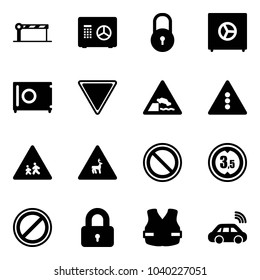 Solid vector icon set - barrier vector, safe, lock, giving way road sign, embankment, traffic light, children, wild animals, prohibition, limited height, no parking, locked, life vest, car wireless