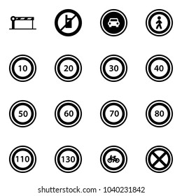Solid vector icon set - barrier vector, no mobile sign, car road, pedestrian, speed limit 10, 20, 30, 40, 50, 60, 70, 80, 110, 130, bike, stop