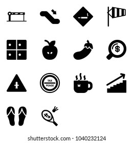 Solid vector icon set - barrier vector, escalator down, smoking area sign, side wind, baggage room, apple, eggplant, money search, intersection road, tax peage, hot tea, growth, flip flops