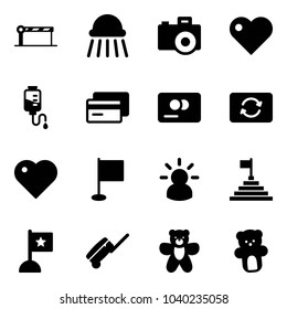 Solid vector icon set - barrier vector, shower, camera, heart, drop counter, credit card, exchange, flag, idea, pyramid, suitcase, bear toy