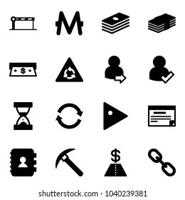 Solid vector icon set - barrier vector, monero, dollar, cash, round motion road sign, user login, check, sand clock, refresh, play, schedule, contact book, rock axe, link