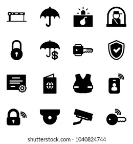 Solid vector icon set - barrier vector, insurance, terrorism, officer window, lock, key, shield check, certificate, passport, life vest, identity card, wireless, surveillance camera