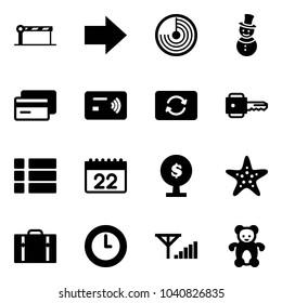 Solid vector icon set - barrier vector, right arrow, radar, snowman, credit card, tap pay, exchange, key, menu, calendar, money tree, starfish, suitcase, clock, fine signal, bear toy