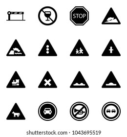 Solid vector icon set - barrier vector, no alcohol sign, stop road, climb, embankment, traffic light, children, intersection, railway, rough, artificial unevenness, cow, car, horn, overtake