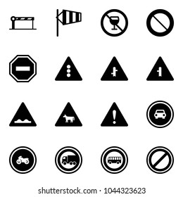Solid vector icon set - barrier vector, side wind, no alcohol sign, prohibition road, way, traffic light, intersection, rough, cow, attention, car, moto, truck, bus, parking