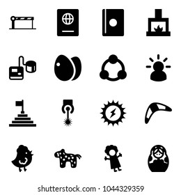 Solid vector icon set - barrier vector, passport, fireplace, tonometer, eggs, social, idea, pyramid flag, laser, sun power, boomerang, chicken toy, horse, doll, russian