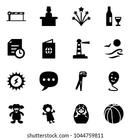 Solid vector icon set - barrier vector, recieptionist, firework, wine, history, passport, lighthouse, waves, sun power, chat, plumber, balloon smile, doll, russian, basketball