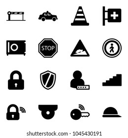 Solid vector icon set - barrier vector, safety car, road cone, first aid room, safe, stop sign, climb, no pedestrian, locked, shield, user password, stairs, wireless lock, surveillance camera, key