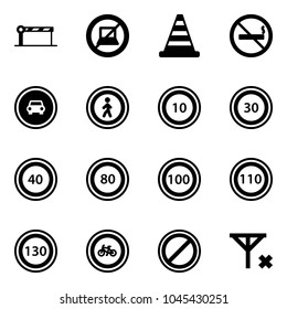 Solid vector icon set - barrier vector, no computer sign, road cone, smoking, car, pedestrian, speed limit 10, 30, 40, 80, 100, 110, 130, bike, parking, signal
