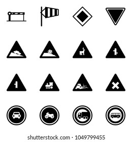 Solid vector icon set - barrier vector, side wind, main road sign, giving way, steep descent, roadside, wild animals, intersection, railway, gravel, no car, moto, truck, bus