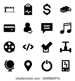Solid vector icon set - barrier vector, pulse clipboard, dollar, cash, credit card, user login, chat, music, film coil, tag code, check, gyroscope, globe, navigation pin, standby button