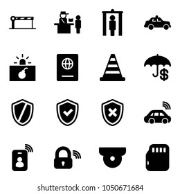 Solid vector icon set - barrier vector, passport control, metal detector gate, safety car, terrorism, road cone, insurance, shield, check, cross, wireless, identity card, lock, surveillance camera
