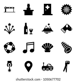 Solid vector icon set - barrier vector, recieptionist, first aid room, firework, wine, mountains, dog, friends, music, shell, laser, navigation pin, moon rover, plumber