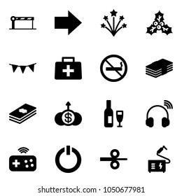 Solid vector icon set - barrier vector, right arrow, firework, holly, flag garland, doctor bag, no smoking sign, dollar, growth, wine, wireless headphones, joystick, standby button, steel rolling