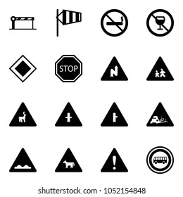 Solid vector icon set - barrier vector, side wind, no smoking sign, alcohol, main road, stop, abrupt turn right, children, wild animals, intersection, gravel, rough, cow, attention, bus