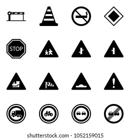 Solid vector icon set - barrier vector, road cone, no smoking sign, main, stop, children, intersection, railway, side wind, artificial unevenness, attention, truck, bike, overtake, end limit