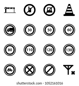 Solid vector icon set - barrier vector, no mobile sign, computer, road cone, truck, speed limit 30, 50, 60, 80, 110, 120, 130, bike, stop, parking, signal