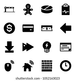 Solid vector icon set - barrier vector, cake man, pill, pulse clipboard, dollar coin, credit card, cash, left arrow, download, fast forward, idea, schedule, mouse wireless, home, binary code, clock
