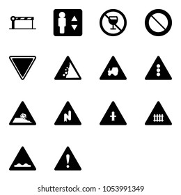 Solid vector icon set - barrier vector, elevator, no alcohol sign, prohibition road, giving way, landslide, tractor, traffic light, steep roadside, abrupt turn right, intersection, railway, rough
