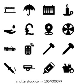 Solid vector icon set - barrier vector, insurance, schedule, candle, drop hand, pound, map pin, parasol, cabrio, remote control, sledgehammer, nail, soldering iron, trailer, marker, shovel bucket