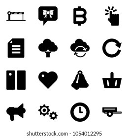 Solid vector icon set - barrier vector, bow message, bitcoin, hand touch, document, upload cloud, refresh, reload, pause, heart, bell, basket, megaphone, gear, clock, trailer
