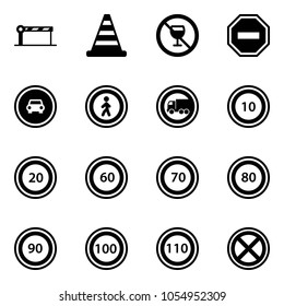 Solid vector icon set - barrier vector, road cone, no alcohol sign, way, car, pedestrian, truck, speed limit 10, 20, 60, 70, 80, 90, 100, 110, stop