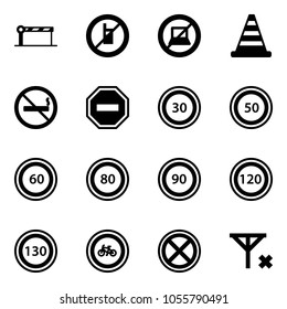 Solid vector icon set - barrier vector, no mobile sign, computer, road cone, smoking, way, speed limit 30, 50, 60, 80, 90, 120, 130, bike, stop, signal