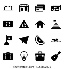 Solid vector icon set - barrier vector, vial, credit card, exchange, round motion road sign, home, pyramid flag, paper fly, watermelone, swimming, suitcase, bulb, tool box, guitar