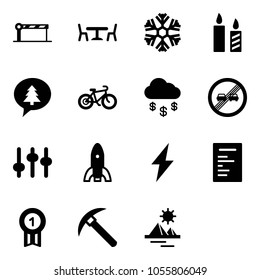 Solid vector icon set - barrier vector, cafe, snowflake, candle, merry christmas message, bike, money rain, end overtake limit road sign, settings, rocket, lightning, document, gold medal, rock axe