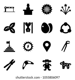 Solid vector icon set - barrier vector, recieptionist, firework, three leafs, pull ups, eggs, community, pyramid flag, sun power, navigation pin, plumber, bolt cutter, boomerang, doll, toy horse