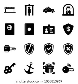 Solid vector icon set - barrier vector, metal detector gate, safety car, officer window, passport, identity, safe, key, shield, check, cross, anchor, fingerprint scanner, wireless