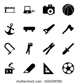 Solid vector icon set - barrier vector, notebook connect, camera, basketball ball, anchor, skateboard, saw, axe, fretsaw, plumber, bolt cutter, clinch, welding, work knife, corner ruler, soccer