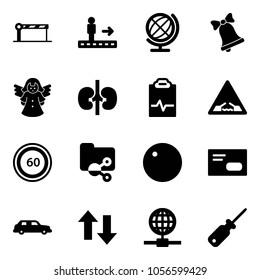 Solid vector icon set - barrier vector, travolator, globe, bell, angel, kidneys, pulse clipboard, drawbridge road sign, speed limit 60, shared folder, record, envelope, limousine, up down arrows