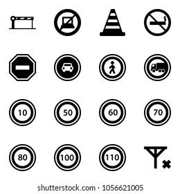 Solid vector icon set - barrier vector, no computer sign, road cone, smoking, way, car, pedestrian, truck, speed limit 10, 50, 60, 70, 80, 100, 110, signal