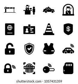 Solid vector icon set - barrier vector, passport control, safety car, officer window, identity, road cone, safe, unlocked, shield check, life vest, wireless, lock, fingerprint scanner, key