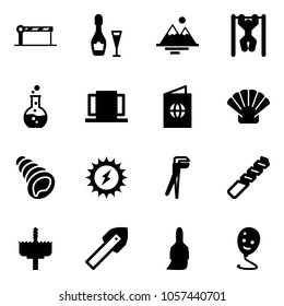 Solid vector icon set - barrier vector, wine, mountains, pull ups, round flask, doors, passport, shell, sun power, plumber, drill, crown, tile, brush, balloon smile