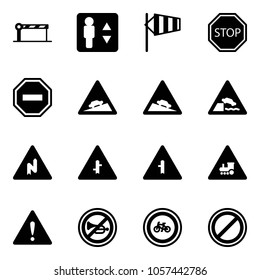 Solid vector icon set - barrier vector, elevator, side wind, stop road sign, no way, climb, steep descent, embankment, abrupt turn right, intersection, railway, attention, horn, bike, parking