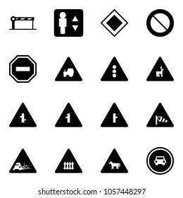 Solid vector icon set - barrier vector, elevator, main road sign, prohibition, no way, tractor, traffic light, wild animals, intersection, side wind, gravel, railway, cow, car