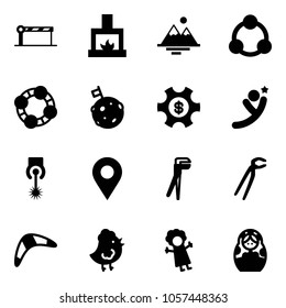Solid vector icon set - barrier vector, fireplace, mountains, social, friends, moon flag, money managemet, flying man, laser, navigation pin, plumber, boomerang, chicken toy, doll, russian