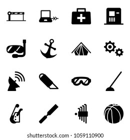 Solid vector icon set - barrier vector, notebook connect, doctor bag, atm, diving, anchor, tent, gear, satellite antenna, work knife, protective glasses, hoe, winch, rasp, allen key set, basketball