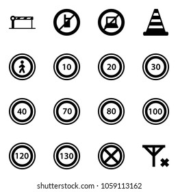 Solid vector icon set - barrier vector, no mobile sign, computer, road cone, pedestrian, speed limit 10, 20, 30, 40, 70, 80, 100, 120, 130, stop, signal