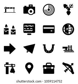 Solid vector icon set - barrier vector, camera, radar, holly, candle, diagnostic monitor, credit card, globe, right arrow, paper fly, luck, pool, ship bell, navigation pin, tool box, bow