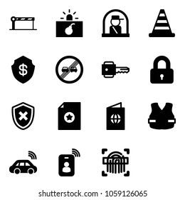 Solid vector icon set - barrier vector, terrorism, officer window, road cone, safe, end overtake limit sign, key, locked, shield cross, certificate, passport, life vest, car wireless, identity card