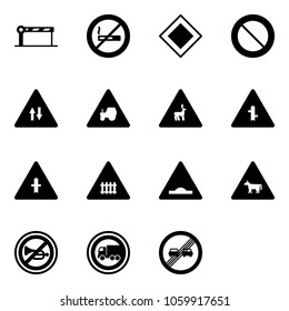 Solid vector icon set - barrier vector, no smoking sign, main road, prohibition, oncoming traffic, tractor way, wild animals, intersection, railway, artificial unevenness, cow, horn, truck