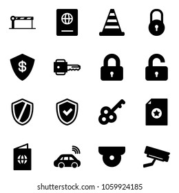 Solid vector icon set - barrier vector, passport, road cone, lock, safe, key, locked, unlocked, shield, check, certificate, car wireless, surveillance camera