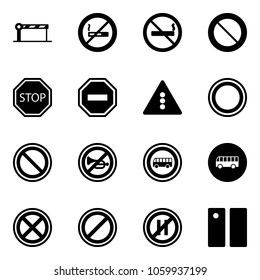 Solid vector icon set - barrier vector, no smoking sign, prohibition road, stop, way, traffic light, horn, bus, parking, even, pause