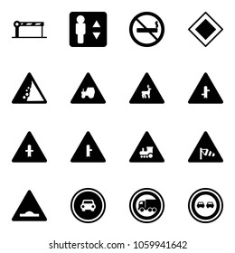 Solid vector icon set - barrier vector, elevator, no smoking sign, main road, landslide, tractor way, wild animals, intersection, railway, side wind, artificial unevenness, car, truck, overtake