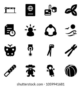 Solid vector icon set - barrier vector, passport, tonometer, three leafs, history, idea, community, waves, butterfly, laser, plumber, bolt cutter, drill, doll, basketball