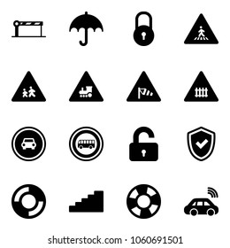 Solid vector icon set - barrier vector, insurance, lock, pedestrian road sign, children, railway intersection, side wind, no car, bus, unlocked, shield check, lifebuoy, stairs, wireless